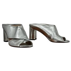 Stuart Weitzman Heeled Metallic Silver Mules Leather Women SZ 9.5 Formal Party